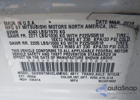 2014 Mitsubishi Outlander Sport Es z USA, uszkodzony, nr VIN 4A4AR3AU5EE025024